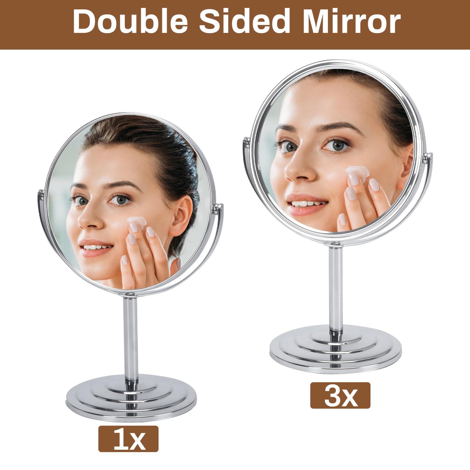 Wtrgas 1X 3X Magnifying Makeup Mirror Vanity Mirror for Tabletop, Silver 7 Inch Standing Bathroom Cosmetic Mirror, Portable Double Sided Magnification Mirror