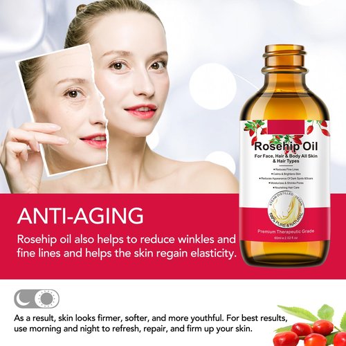 Onznoz Rosehip Oil for Face, Rose Hip Oil Organic Rosehip Seed Oil 100% Pure Cold Pressed for Anti-Aging, Nourishing Hair Care, Face & Skin (2.02 Fl Oz)