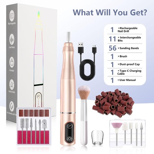 TUOBEO Cordless Nail Drill Electric Rechargeable File Kit, Professional Efile Acrylic Gel Nail Polish Remover Pedicure Manicure Machine Portable Set with 11 Bits 56 Sanding Bands for Salon Home Gold