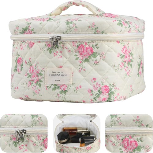 Skiennix Cute Makeup Bag Set - Quilted Floral Travel Cosmetic Organizer (3 Pcs, Pink Flower)