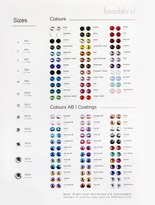 Beadsland Flat Back Rhinestones Sample Card Color Chart