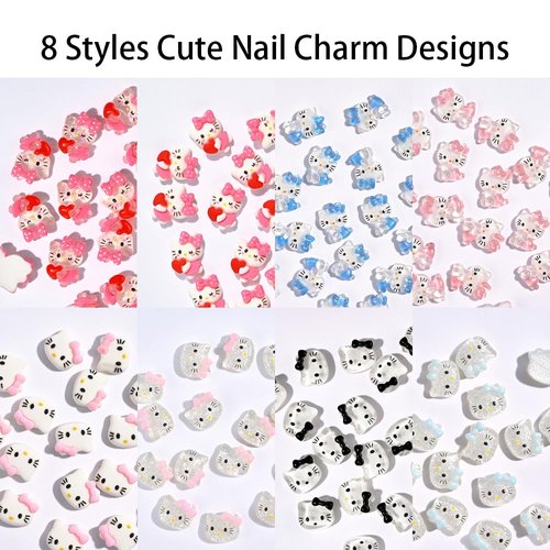 Kawaii Cartoon Cat Nail Charms 40Pcs Cute 3D Nail Art Charms Designs Cat Nail Jewelry Rhinestones Gems and Charms for Women DIY Manicure Decoration Accessories