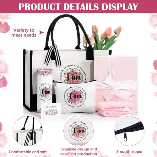 Paterr 7 Pcs Christian Gift for Women Include 20 oz Tumbler Religious Tote Bag Makeup Bag Socks Keychain Card Birthday Gifts(I Am)