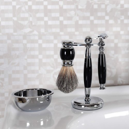 SANWA Deluxe Stainless Steel Shaving Brush Stand Holder for Razor & Brush Weighted Base Black Handle