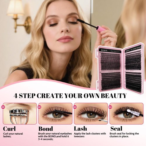 EXXBYE 800pcs Lash Extension Kit 30D 40D 50D 60D Wispy Eyelash Clusters D Curl 8-17mm False Lashes with 4 Lash Tools (Lash Bond and Seal, Lash Tweezers, Lash Remover，Lash Brush)