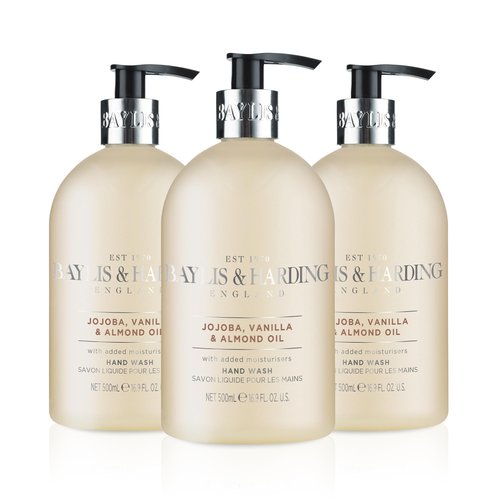 Baylis & Harding Liquid Hand Soap Wash with Dispenser, Jojoba, Vanilla & Almond Oil, 16.9oz/500ml (3-Pack)