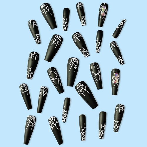 Black Halloween Press on Nails Long with Spider Web Designs, Full Cover Halloween Fake Nails Glossy Halloween Glue on Nails Long Halloween Nails for Women, 24 Pcs
