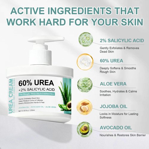 60% Urea Cream for Feet with 2% Salicylic Acid, Foot & Hand Cream for Dry Cracked Heels with Jojoba Oil, Avocado Oil & Aloe Vera, Urea Lotion for Elbows, hands, Knees & Callus Remover, 8.45 oz
