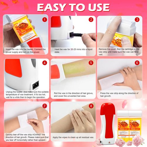 Roll on Wax Kit, Honey Waxs Roller Waxing Kit for Hair Removal, Soft Depilatory Waxs for Sensitive Skin, Roll Wax Warmer for Women & Men