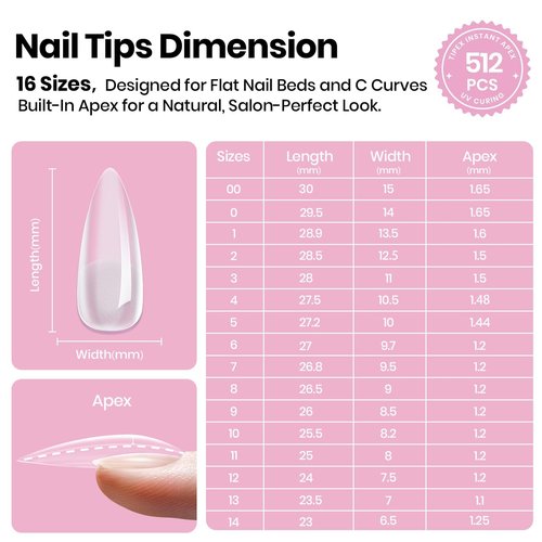 Beetles Tipex Lite Apex Nail Tips,Stiletto Medium,512pcs 16 Sizes,Pre-Building Pre-Etched Acrylic Nail Tips for Flat Nails & Natural Nail Beds