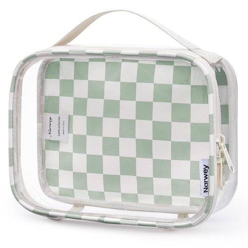 Narwey TSA Approved Clear Toiletry Bag for Travel, Waterproof PVC Clear Makeup Bags, Portable Compact Cosmetic Bag Make Up Organizer, Airport Airline Quart Size Compliant Bag (Mint Green Checkerboard)