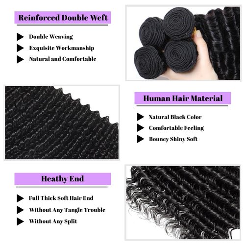 Deep Wave Human Hair Bundles 24 Inch Deep Wave Bundles 100% Unprocessed Brazilian Virgin Hair 1 Bundle Curly Bundles Hair Extensions Real Human Hair Wavy Quick Weave Bundle Natural Black