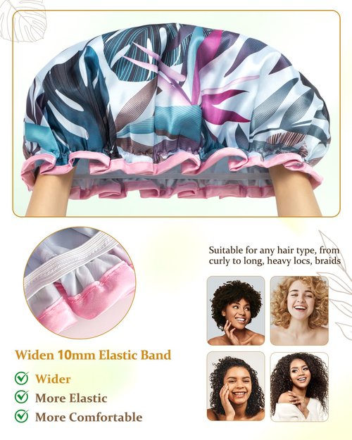 mikimini Large Shower Cap for Women Reusable Waterproof, Hair Cap for Shower with Double Layers, Tropic Style Hair Cover with Elastic Band for Shower suit for Long Hair, Braids