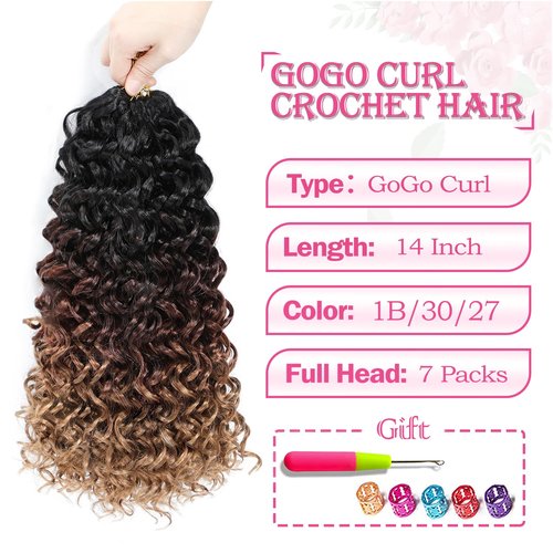 Gogo Curl Crochet Hair 14 Inch 7 Packs Curly Crochet Hair for Black Women Deep Wave Crochet Hair Beach Curl Crochet Hair Synthetic Braiding Hair Extensions (14 Inch 7 Packs 1B/30/27)