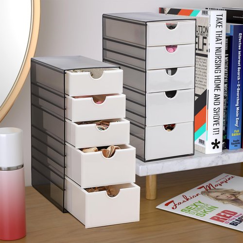 Hair Accessories Organizer with Removable Drawer, Large Capacity Desk Organizer Box with Stackable Cases, Hair Styling Storage Box for Hair Ties, Clips&Pins, 5-Tier Plastic Containers, Clear Black