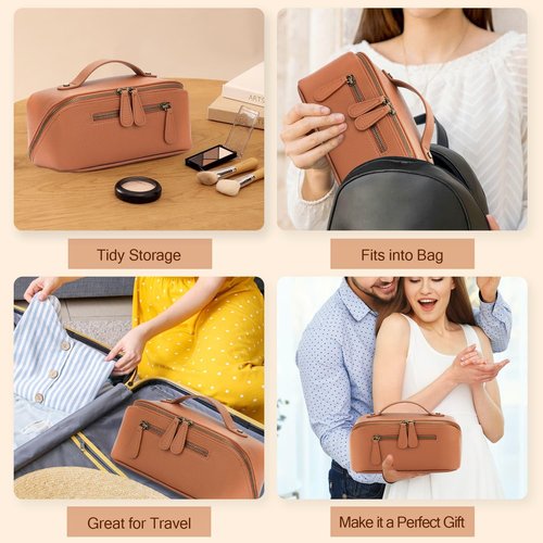 Divvia Travel Makeup Bag 3 Pcs Set, Waterproof Vegan Leather Toiletry Bag Organizer with Compartments & Handle, Cosmetic Bags for Women, Portable Travel Essentials Pouch (Large, brown)