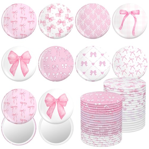 Namalu 48 Pcs Pink Bow Party Favors Pink Bow Coquette Mini Pocket Mirrors Inspirational Christian Gifts Bulk for Women Portable Round Makeup Mirror Church Religious(Cute Style)