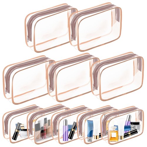 10 Pack Travel Toiletry Bag, Clear Makeup Bag, TSA Approved Cosmetic Bag with Zipper, Clear Organizer Carry on Bag for Women, PVC Cosmetic Pouch for Airport Airline Compliant (Rose Pink, 10 Packs)