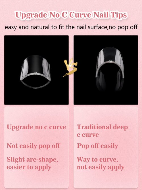 Quaferen Clear Square Nail Tips, 504PCS 3XL Long No C Curve Nail Tips, Half Cover Flat Tapered Square Straight Gel Acrylic Tips False Nails for DIY Salon Home