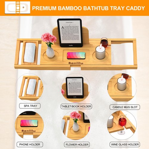 Banlilu Bathtub Tray - Bath Tray Expandable - Bath Tub Tray Table for Bathtub, Ajustable Size, Fits Most Tubs