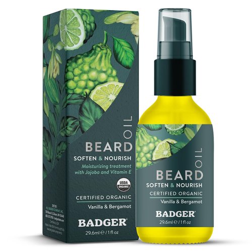 Badger Beard Oil, Babassu & Jojoba, Certified Organic, Premium Beard Conditioner, Beard Oil for Dry Skin, Beard Oil for Long Beards, Facial Hair Oil, 1 fl oz Glass Bottle