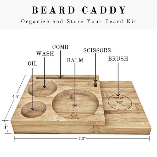 Striking Viking Beard Growth Kit - 7-Piece Set, Sandalwood - Softening Sandalwood Beard Oil & Balm - Brush with Mustache Comb & Scissors - Compact Caddy Organizer & Gifts for Men