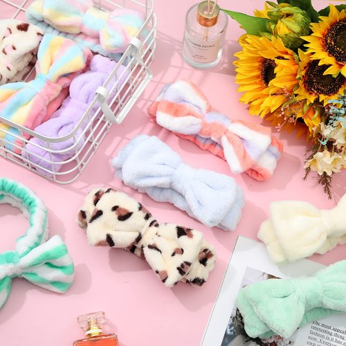 Giegxin 48 Pieces Spa Headband Bulk Bow Hair Band Facial Makeup Headbands Fluffy Plush Headband for Women Girls Washing Face Spa Sleepover Party Supplies(Cute Pattern)