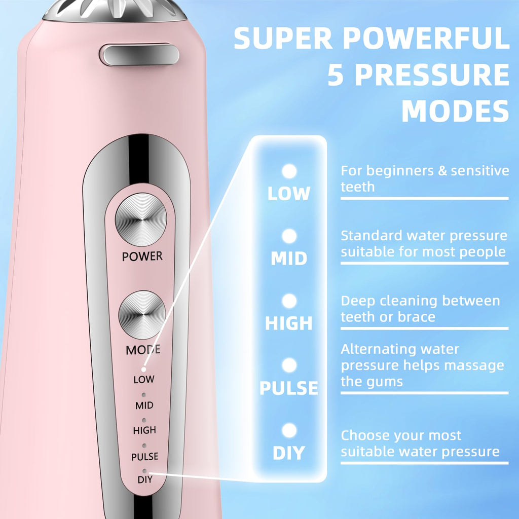 Water Flosser,300ML Water Pulse flossers-5 Modes&6 Replaceable Jet Tips for Teeth Cleaning and Flossing,Rechargeable (Pink)