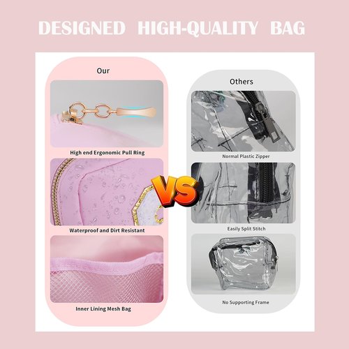 Clear Cosmetic Bag Makeup Bag, Clear Zipper Pouch Cosmetics Bags Cute Womens Make Up Pouches, Clear Toiletry Travel Bag Tote, Preppy Purse Cosmetic Organizer Mini Small Large Makeup Bags,Pink