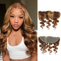 AUROO 13x4 Honey Blonde Highlight Body Wave Frontal Only Human Hair 10 Inch, 12A 100% Virgin Brazilian P4/27 Brown Ombre Ear to Ear HD Lace Frontal Closure Only Pre Plucked Colored Human Hair Sew In