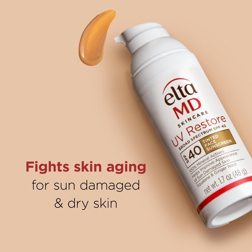 EltaMD UV Restore, Mineral Sunscreen for Sun Damaged Skin Repair, SPF 40, Anti-Aging Zinc Oxide Formula, Tinted, 1.7oz 2PK