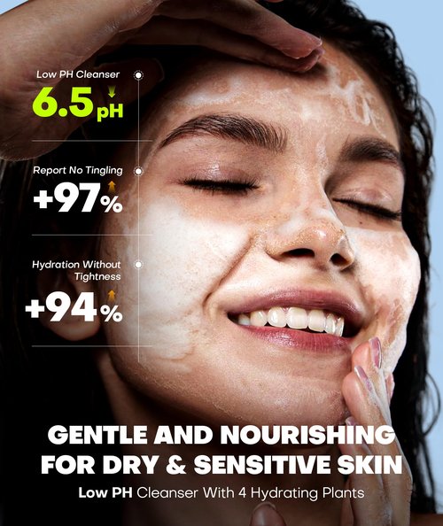 Ultra Gentle Foaming Face Wash with 13 Amino Acids, Deep Cleansing Facial Cleanser w/Brush Moisturizing & Non-Irritating Face Cleanser for Sensitive Dry All Skin, PH Balancing Oil Control Pore Cleaner