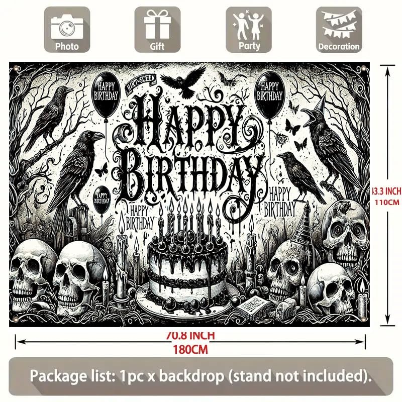 Gothic Halloween Birthday Banner - 71x43 Inch Dark Party Backdrop with Skulls & Crows - Multicolored Variation 538