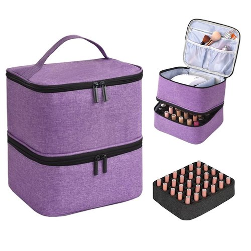 Quoyiyo Nail Polish Organizer - Holds 30 Bottles & Nail Lamp, Double-Layer Nail Organizers and Storage, Nail Polish Bag with Handle Nail Travel Case for Nail Tech (Purple)
