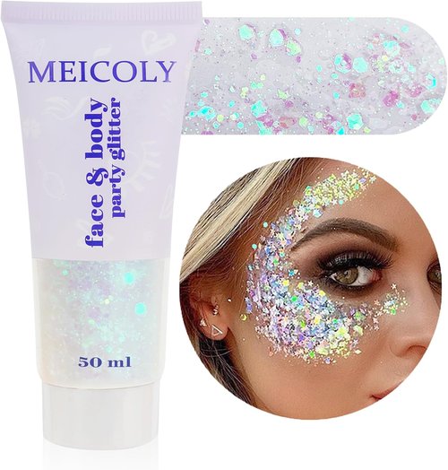 MEICOLY Clear White Body Glitter - Chunky Face & Hair Sparkling Gel for Concerts & Festivals | 50ml