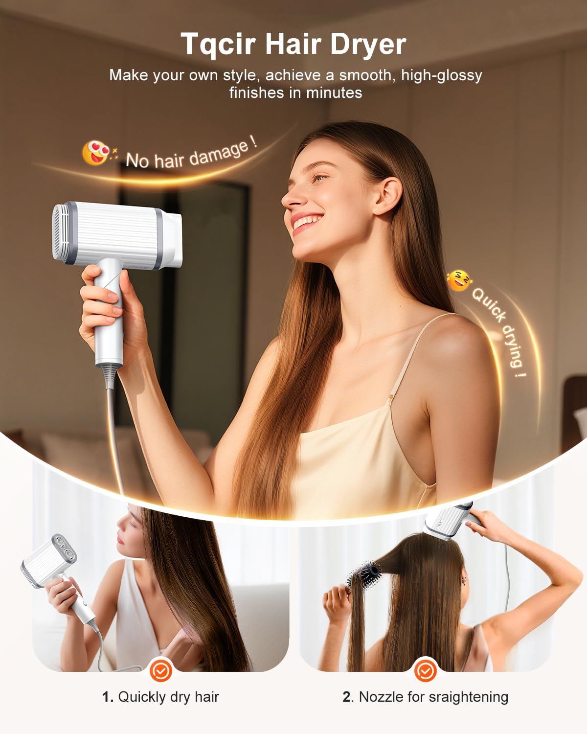 Tqcir Hair Dryer - 220,000 RPM High-Speed Blow Dryer with 500 Million Ionic Technology | Low-Noise, 4 Temps & 4 Speeds
