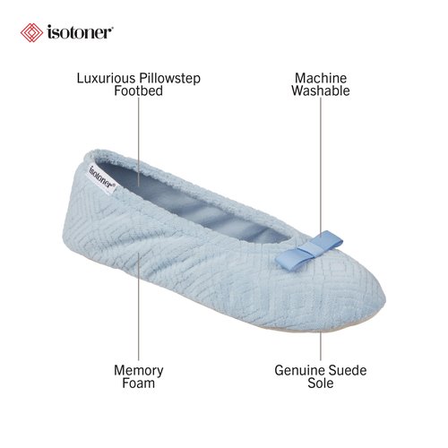 isotoner Women's Diamond Microterry Gemma Ballerina Slippers with Memory Foam Comfort and Genuine Suede Sole, Blue Fog Diamond, 5-6
