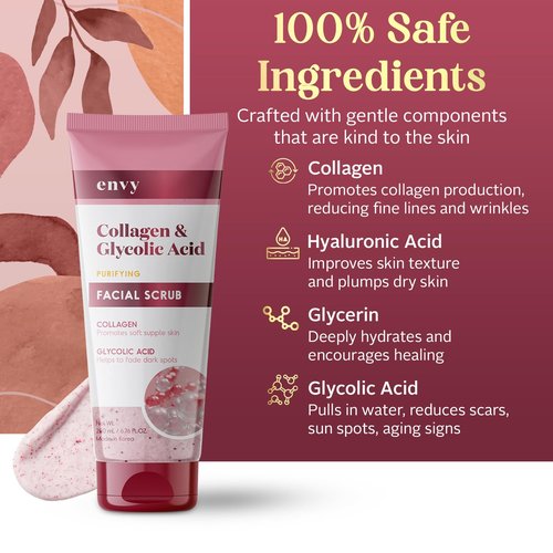 Envy Collagen & Glycolic Acid Face Scrub - Gentle Exfoliating Anti-Aging Formula | 6.76 Oz