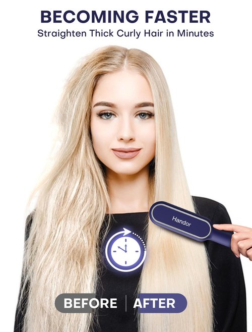 Handor Advanced Negative Ionic Hair Straightener Brush with 9 Temp Settings & Anti-Scald LED Display, 20s Fast Heating 250°F to 410°F, Effortless Styling for Silky Smooth, Frizz-Free Hair, Blue