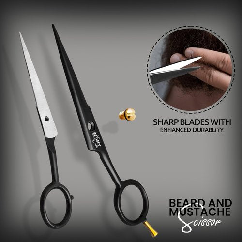 5'' German Beard Mustache Scissor- 2 Mustache Combs for Facial Hair with Beautiful Pouch -Beard Trimming Scissors for Grooming, Cutting, and Styling of Mustache (Black with Folding Comb)
