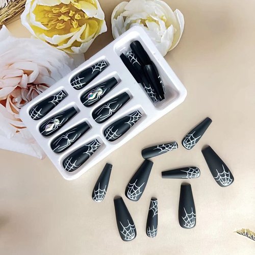 Black Halloween Press on Nails Long with Spider Web Designs, Full Cover Halloween Fake Nails Glossy Halloween Glue on Nails Long Halloween Nails for Women, 24 Pcs