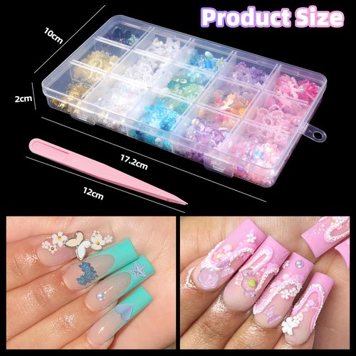 CESUSME Mix3D Assorted Color Nail Charms Multi Pink Blue Purple White Glitter Heart Flower Butterfly Bow Cute Charms Hollow White Pearls Nail Charms Acrylic Nail Art Manicure DIY Crafts Accessories