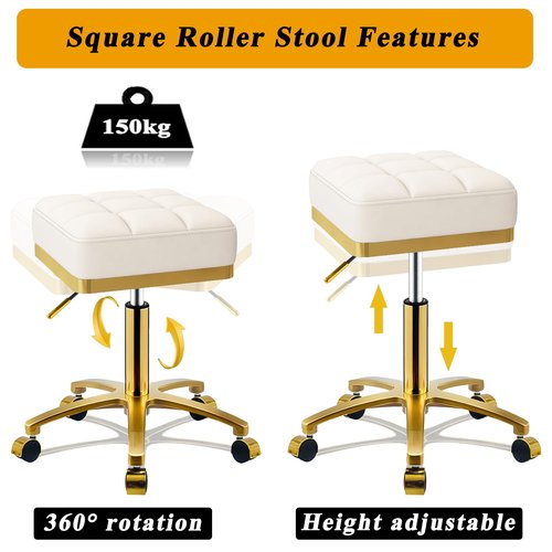 CQAEBK Square Rolling Stool Gold Adjustable Swivel Stools with Wheels, Vanity Lash Nail Salon Spa Roller Chair, Esthetician Massage Office Pedicure Stool, Heavy Duty Gold Plated Frame (White)