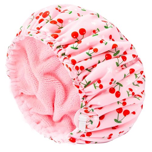 Skiennix Shower Cap - Reusable Terry Lined Waterproof Cap for Long Thick Hair - Pink