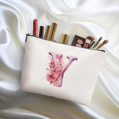 DHKG Initial Makeup Bag Personalized Cosmetic Bag Monogrammed Gifts for Women Sister Bride Nurse Travel Organizer Zipper Pouch Teacher Gifts Mothers Day Birthday Bridal Shower Gifts, Pink Letter Y