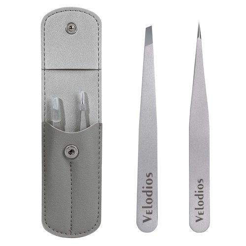Velodios Tweezers for Eyebrows, Pointed TipTweezers for Women Facial Hair, Ingrown Hair Removal, Slanted and Pointed Tip Tweezers Set with PU Travel Case (Slant & Pointed Tweezers Set)