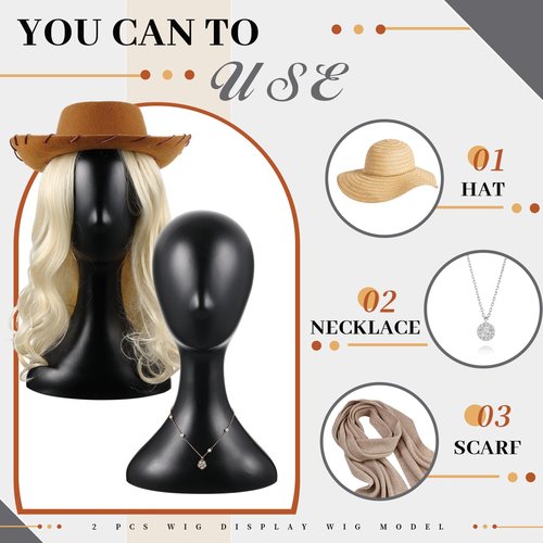 Leinuosen 2 Pcs 16 Inch Professional Mannequin Head Plastic, Realistic Durable Women Model Torso Styling for Wig, Making Styling, Hat, Mask, Headdress, Jewelry, Sunglasses Decor (Black)