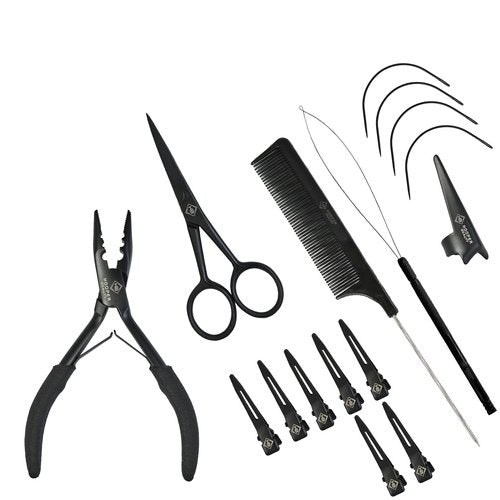 Hooper Hair Extension Tools Kit: 3-Hole Plier, Comb, C-Shape Needles, Loop Tool, Scissors, Sectioning Ring, Clips, Silicone Micro Rings, Leather Zipper Case, Stainless Steel Tools (Black)