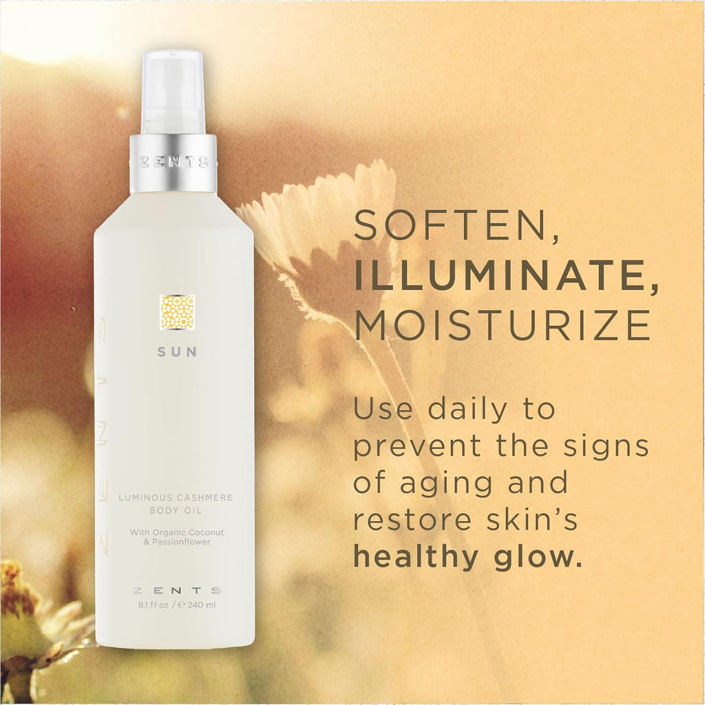 Zents Luminous Cashmere Body Oil - Moisturizing Sun Fragrance with Vitamin E & Coconut Oil | 8 fl oz