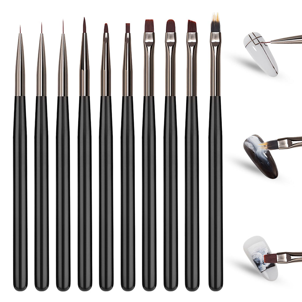 Wokoto Black Nail Art Brushes Set: 10pcs Acrylic Nail Brushes For Painting Tools - Gel, Polish & Dotting Pen